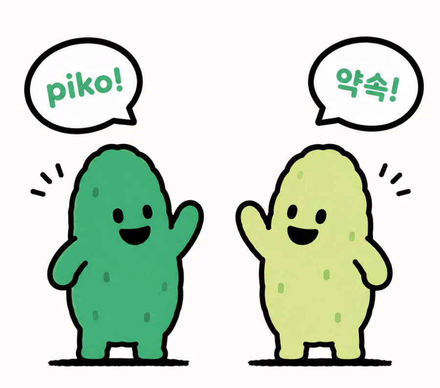 'piko!'와 '약속!'이라고 인사하는 두 피코 캐릭터